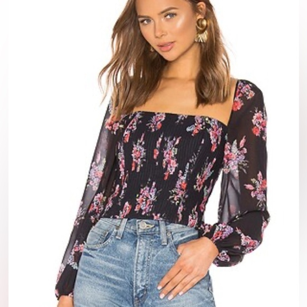 AMUR Beverly Top Sheer Long Sleeve Floral Black Corset Womens size Large